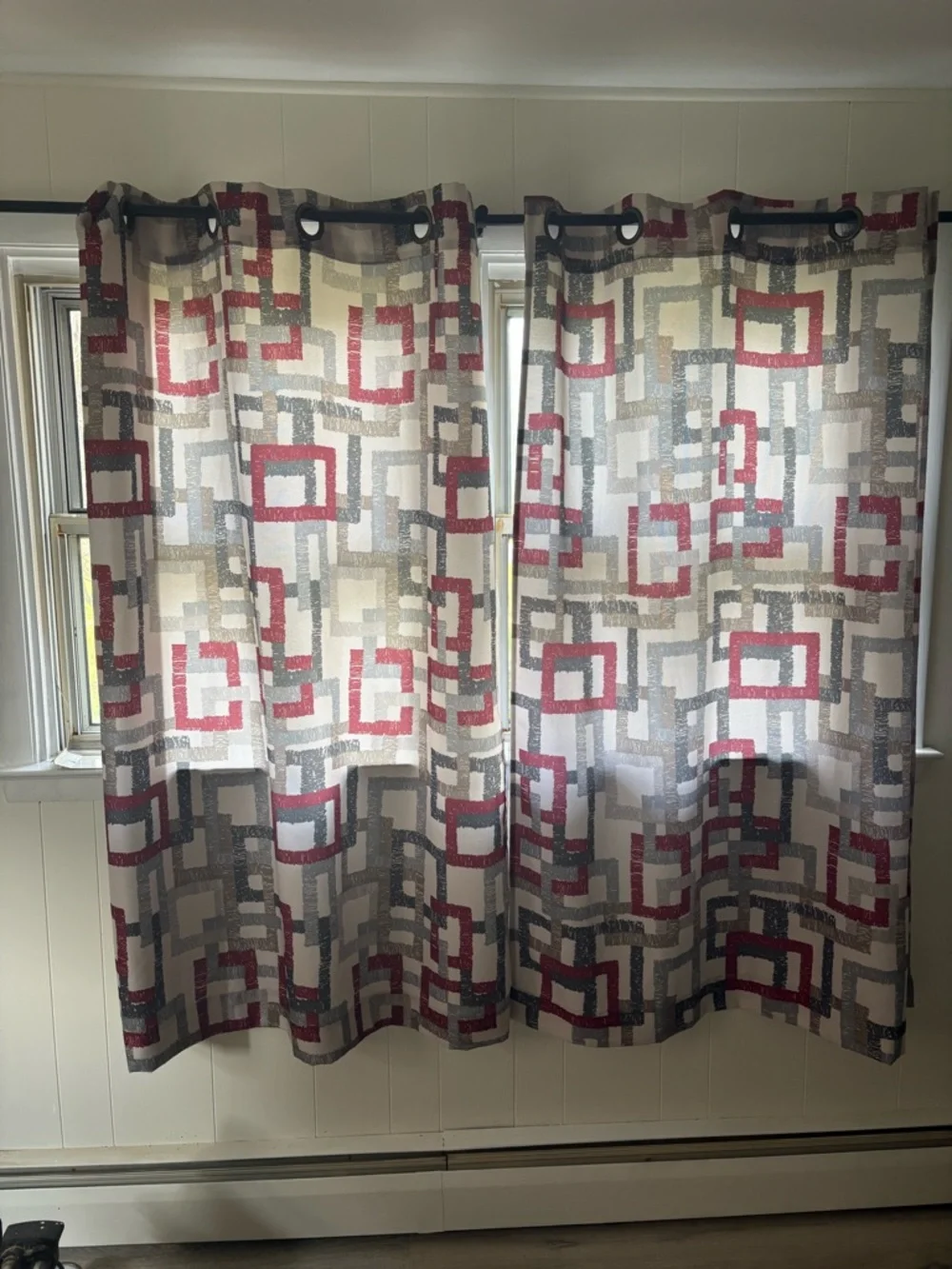 Geometric Pattern Window Curtains in Red, Gray, and Cream